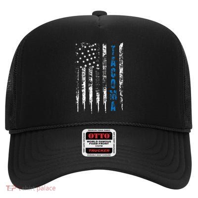 Blue Line Tacoma Distressed National Police Week High Crown Mesh Back Trucker Hat