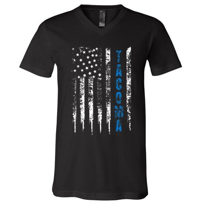 Blue Line Tacoma Distressed National Police Week V-Neck T-Shirt