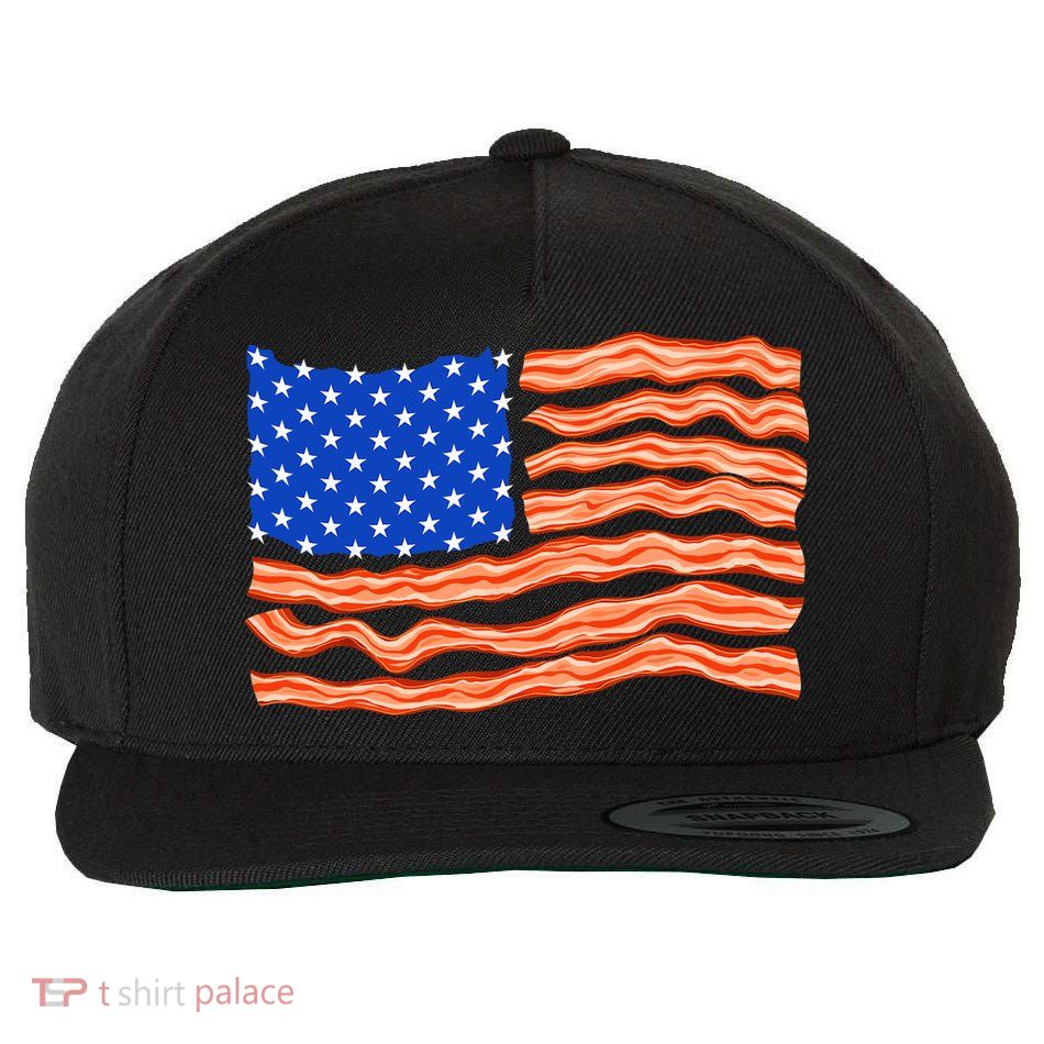 Bacon Lover Tee, Meat Lover Design, Funny USA Flag Wool Snapback Cap