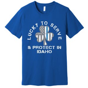 Blue Line Us Flag Gift Idaho Police St Patricks Day Great Gift Premium T-Shirt