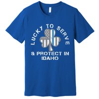 Blue Line Us Flag Gift Idaho Police St Patricks Day Great Gift Premium T-Shirt