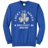 Blue Line Us Flag Gift Idaho Police St Patricks Day Great Gift Tall Sweatshirt