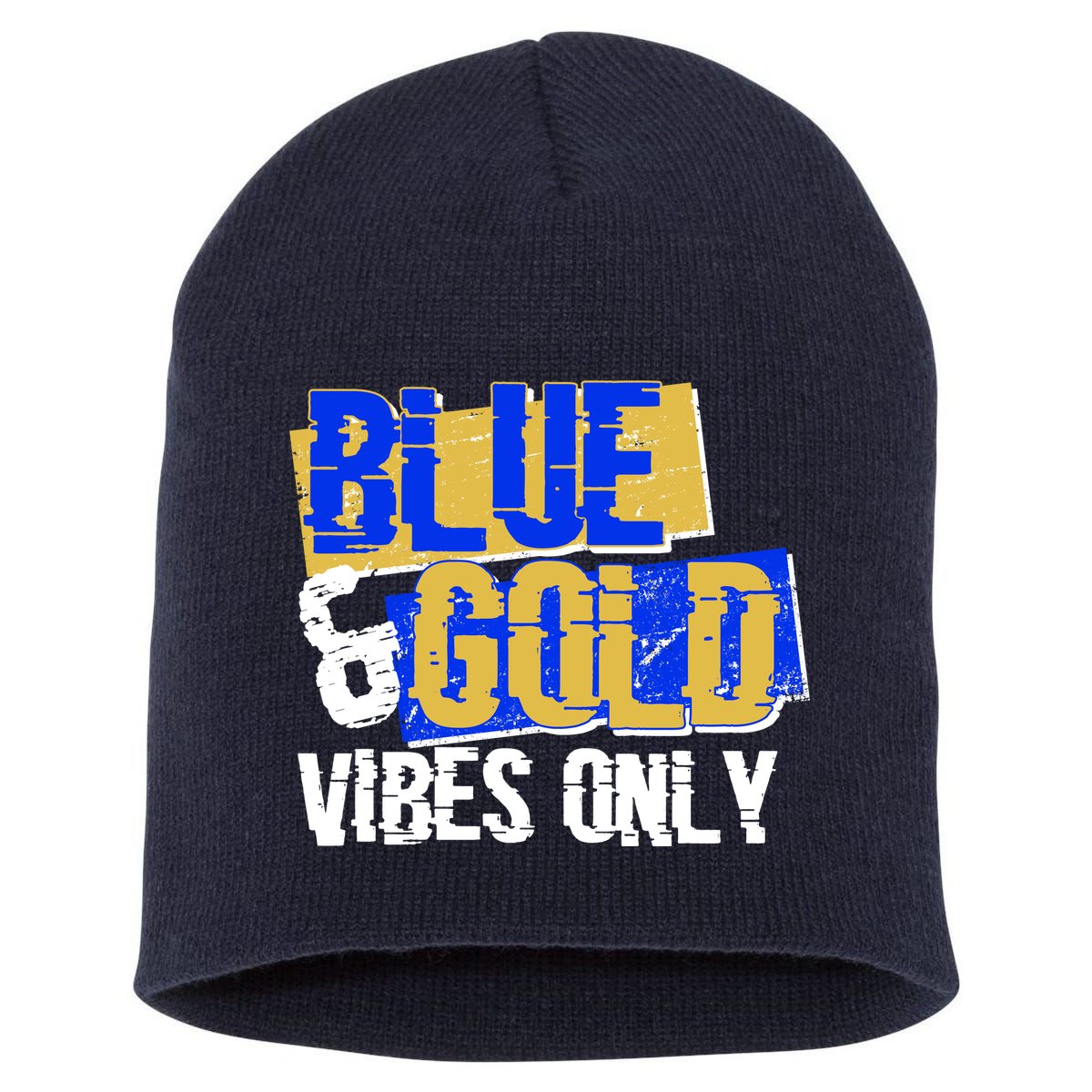 Blue & Gold Vibes Only Short Acrylic Beanie