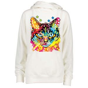 Blue Eyes Trippy Cat Dean Russo Womens Funnel Neck Pullover Hood