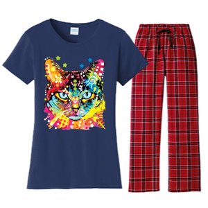 Blue Eyes Trippy Cat Dean Russo Women's Flannel Pajama Set