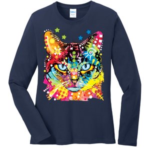 Blue Eyes Trippy Cat Dean Russo Ladies Long Sleeve Shirt