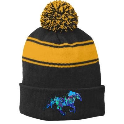 Blue Horse Running Stripe Pom Pom Beanie