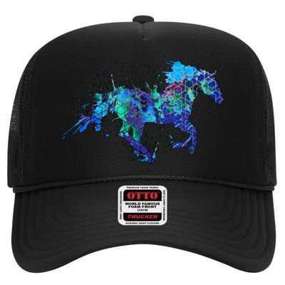 Blue Horse Running High Crown Mesh Back Trucker Hat