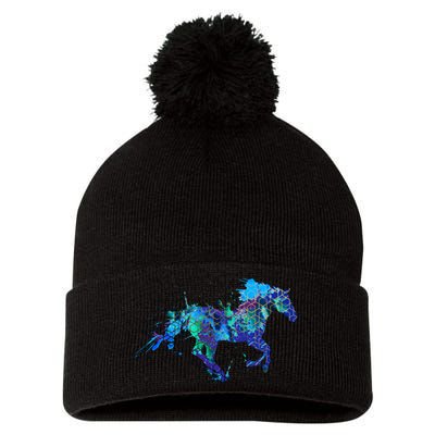 Blue Horse Running Pom Pom 12in Knit Beanie