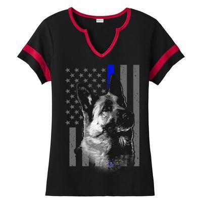 Blue Lives K9 American Thin Line Flag Ladies Halftime Notch Neck Tee