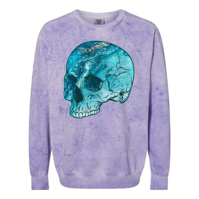 Blue Marble Patterned Skull Colorblast Crewneck Sweatshirt