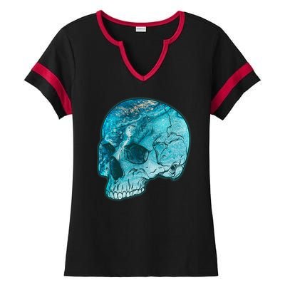 Blue Marble Patterned Skull Ladies Halftime Notch Neck Tee