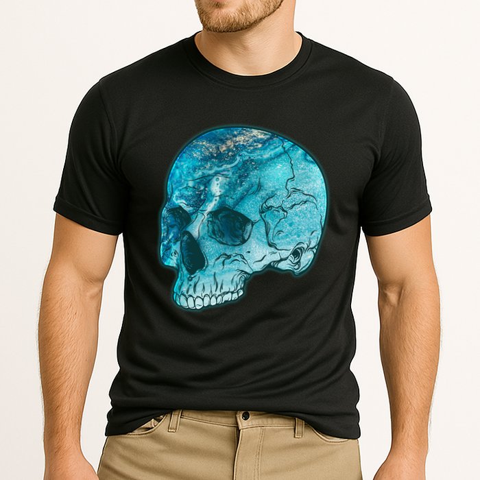 Blue Marble Patterned Skull Cooling Performance Crew T-Shirt