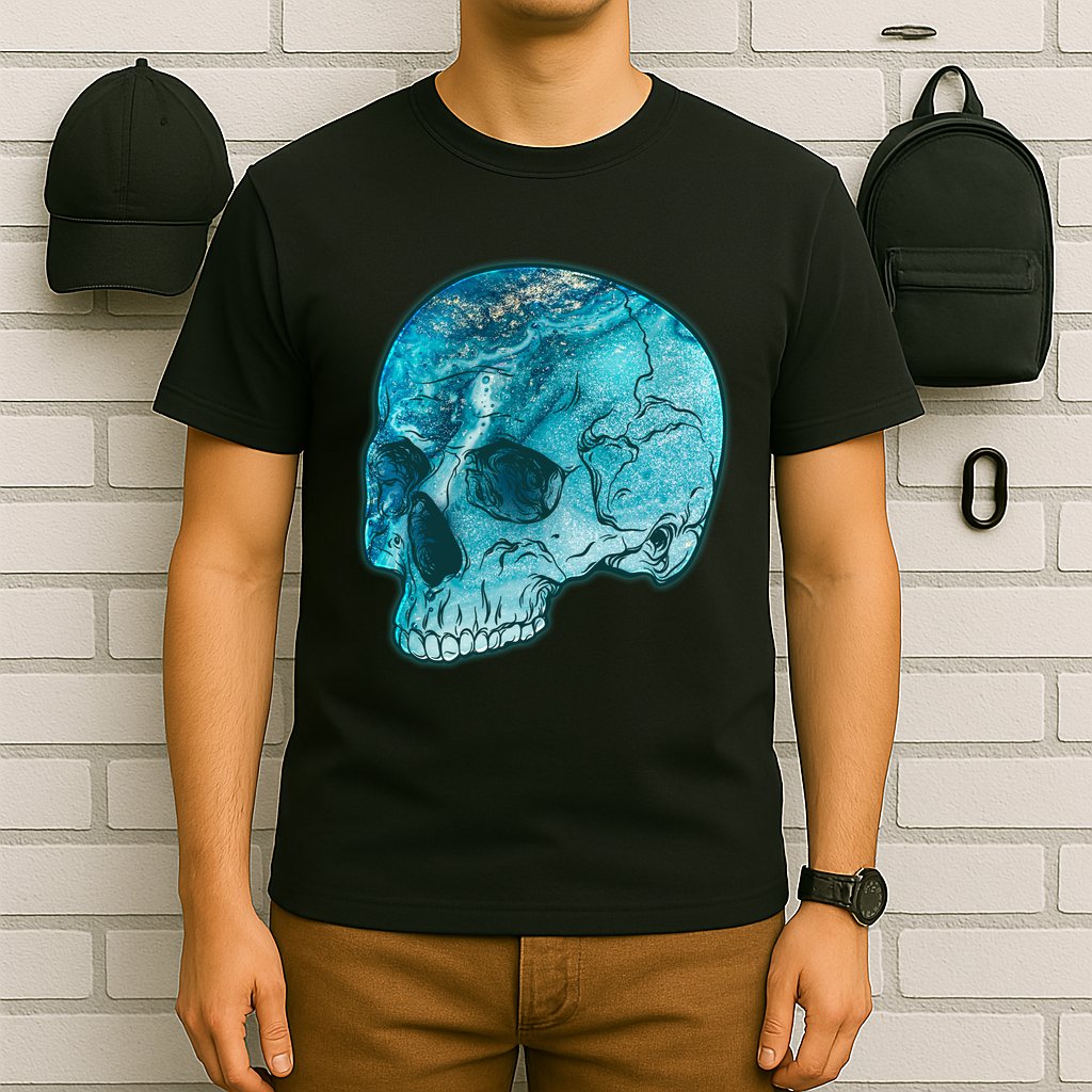 Blue Marble Patterned Skull T-Shirt