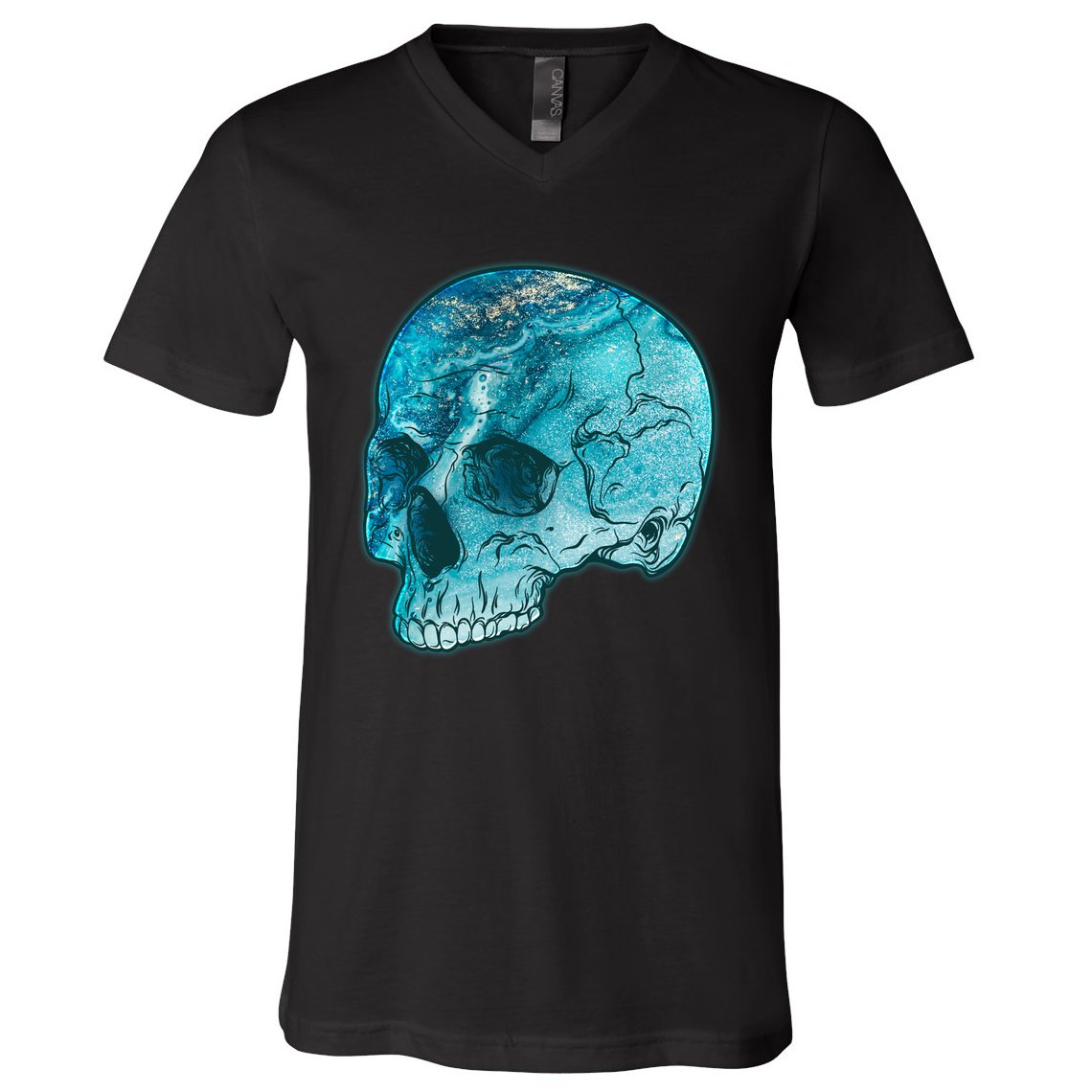 Blue Marble Patterned Skull V-Neck T-Shirt