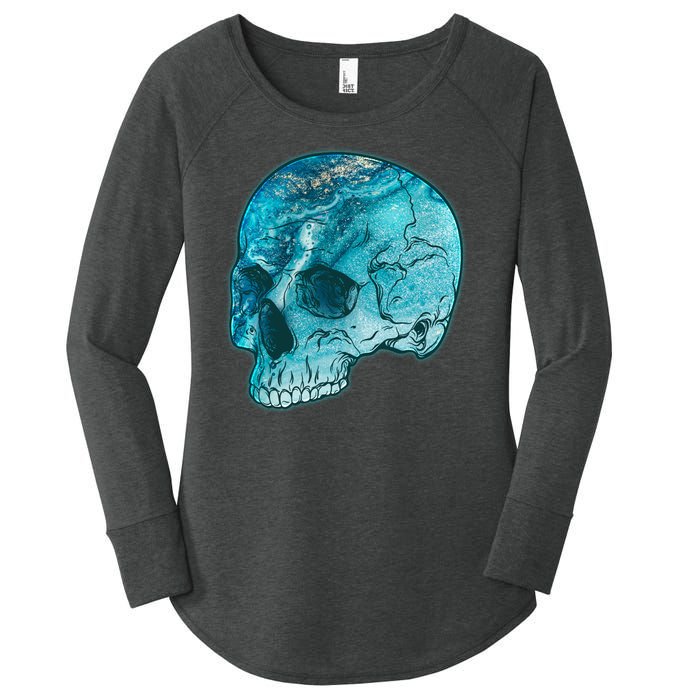 Blue Marble Patterned Skull Women's Perfect Tri Tunic Long Sleeve Shirt