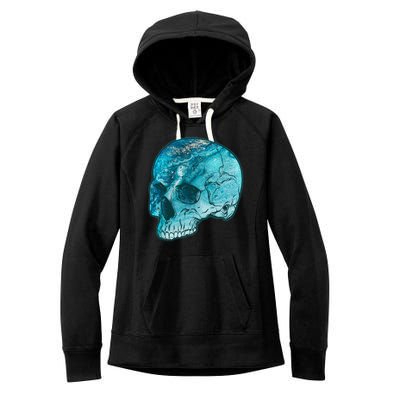 Blue Marble Patterned Skull Women's Fleece Hoodie