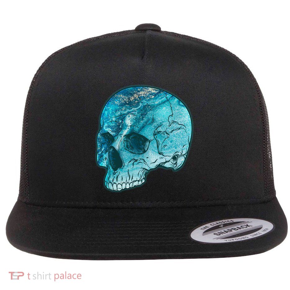 Blue Marble Patterned Skull Flat Bill Trucker Hat