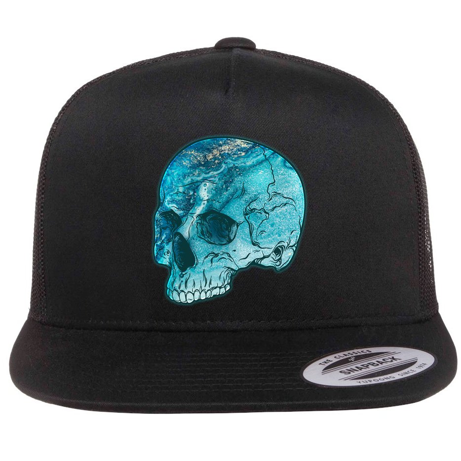 Blue Marble Patterned Skull Flat Bill Trucker Hat