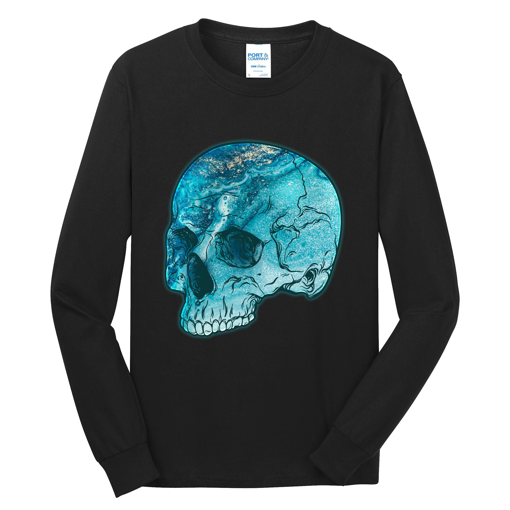 Blue Marble Patterned Skull Tall Long Sleeve T-Shirt