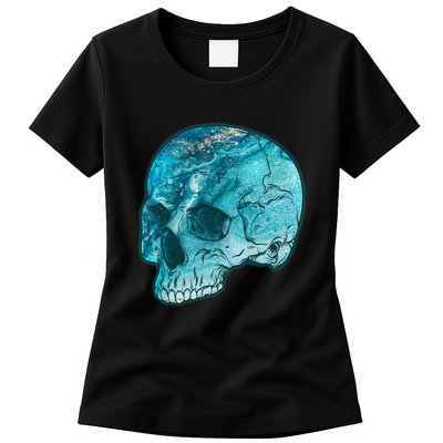 Blue Marble Patterned Skull Womens T-Shirt