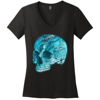 Blue Marble Patterned Skull Women's V-Neck T-Shirt