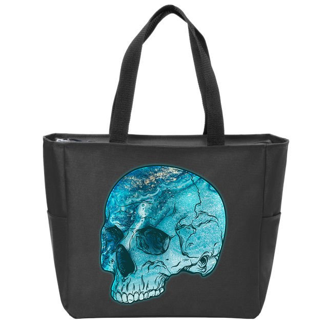 Blue Marble Patterned Skull Zip Tote Bag