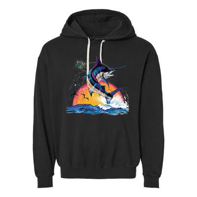 Blue Marlin Fish Sunset Garment-Dyed Fleece Hoodie