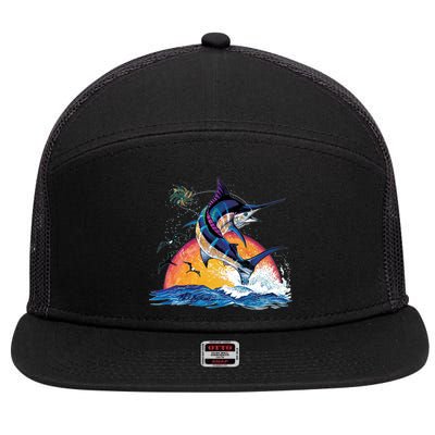 Blue Marlin Fish Sunset 7 Panel Mesh Trucker Snapback Hat