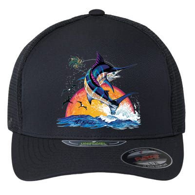 Blue Marlin Fish Sunset Flexfit Unipanel Trucker Cap