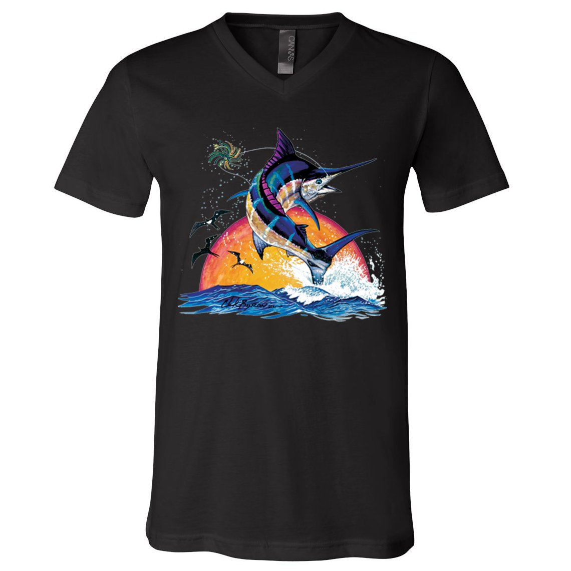 Blue Marlin Fish Sunset V-Neck T-Shirt