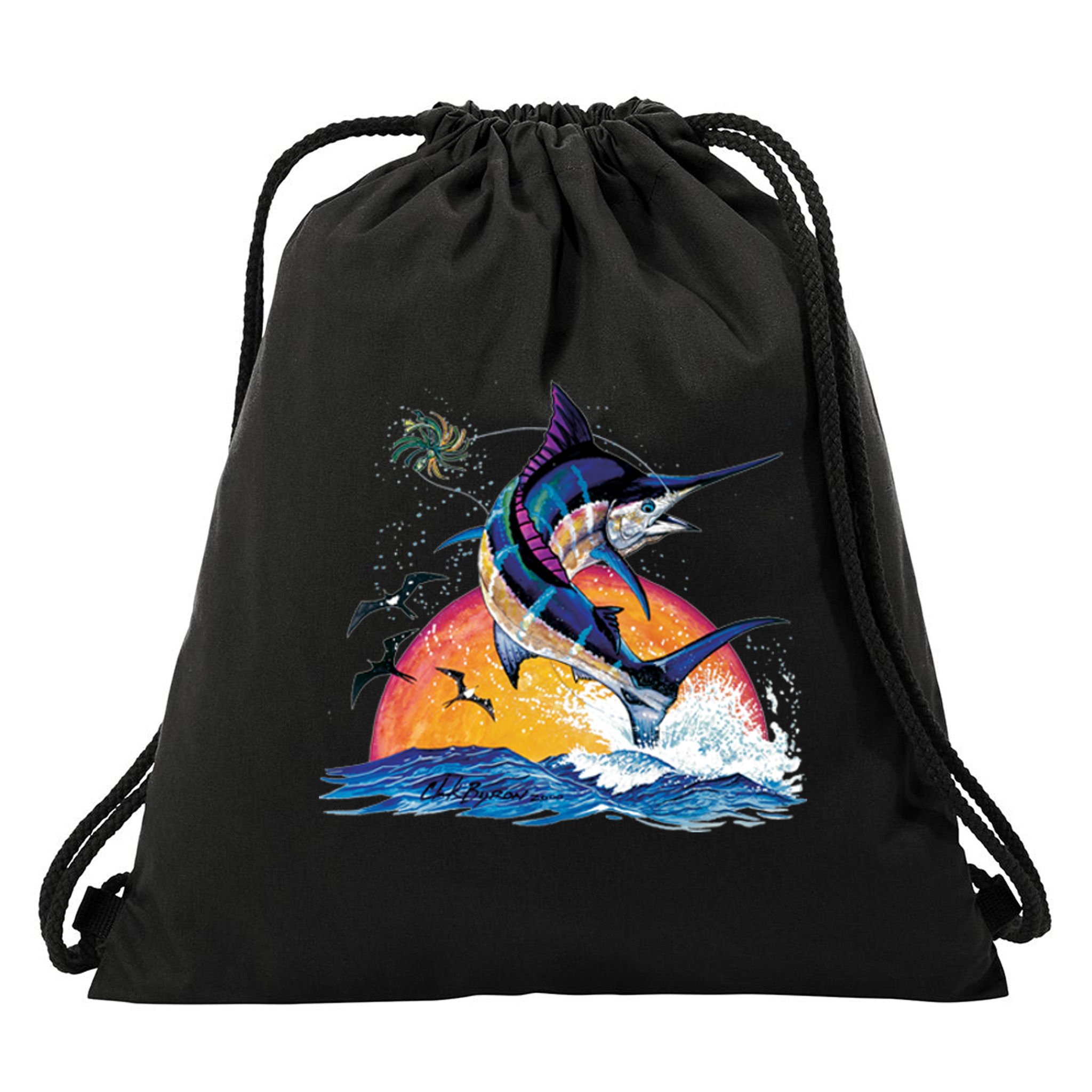 Blue Marlin Fish Sunset Drawstring Bag