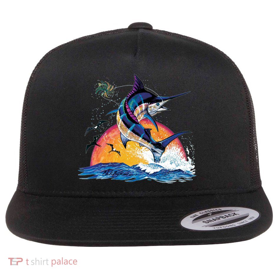 Blue Marlin Fish Sunset Flat Bill Trucker Hat