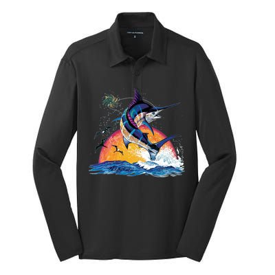 Blue Marlin Fish Sunset Silk Touch Performance Long Sleeve Polo