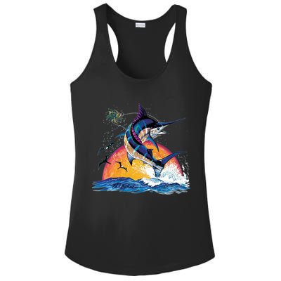 Blue Marlin Fish Sunset Ladies PosiCharge Competitor Racerback Tank