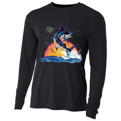 Blue Marlin Fish Sunset Cooling Performance Long Sleeve Crew