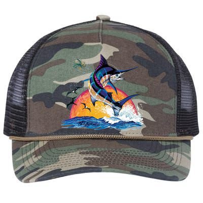 Blue Marlin Fish Sunset Retro Rope Trucker Hat Cap