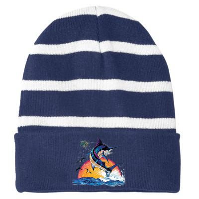 Blue Marlin Fish Sunset Striped Beanie with Solid Band