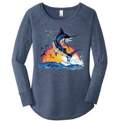 Blue Marlin Fish Sunset Women's Perfect Tri Tunic Long Sleeve Shirt