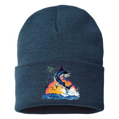 Blue Marlin Fish Sunset Sustainable Knit Beanie