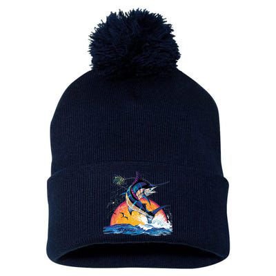 Blue Marlin Fish Sunset Pom Pom 12in Knit Beanie