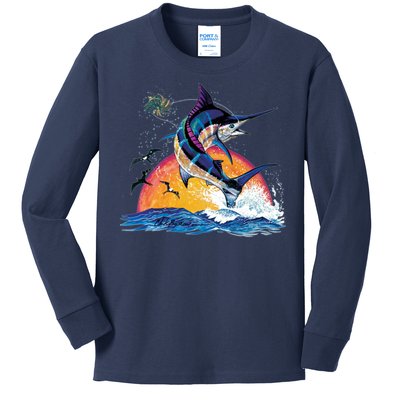 Blue Marlin Fish Sunset Kids Long Sleeve Shirt