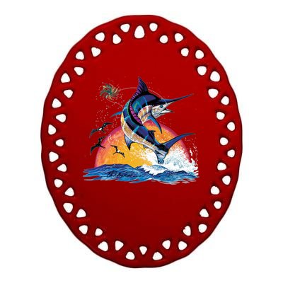 Blue Marlin Fish Sunset Ceramic Oval Ornament