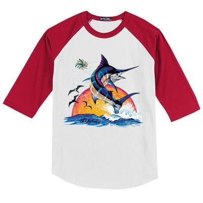 Blue Marlin Fish Sunset Kids Colorblock Raglan Jersey