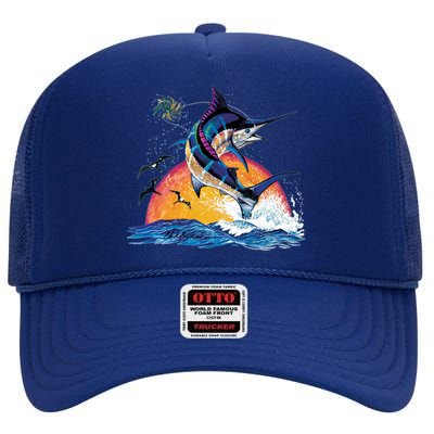 Blue Marlin Fish Sunset High Crown Mesh Back Trucker Hat