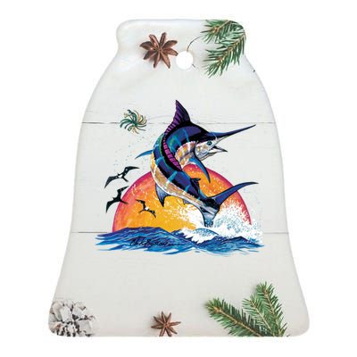 Blue Marlin Fish Sunset Ceramic Bell Ornament