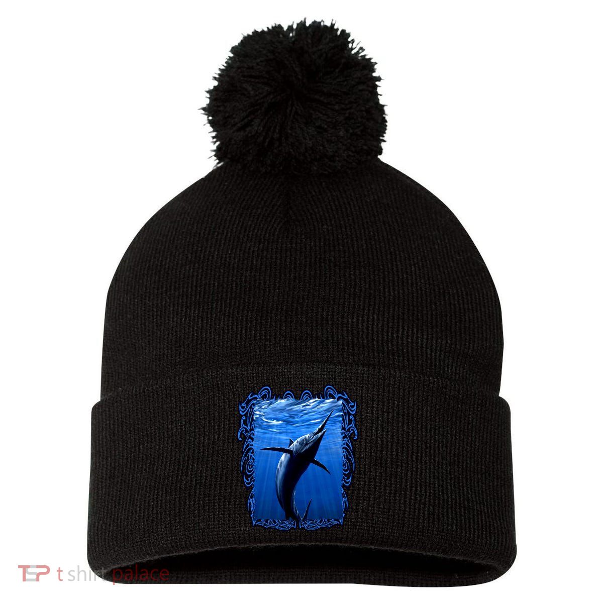Blue Marlin Underwater Pom Pom 12in Knit Beanie