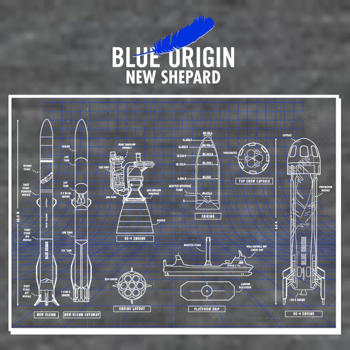 Blue Origin New Shepard Spaceship Blueprints Tall T-Shirt