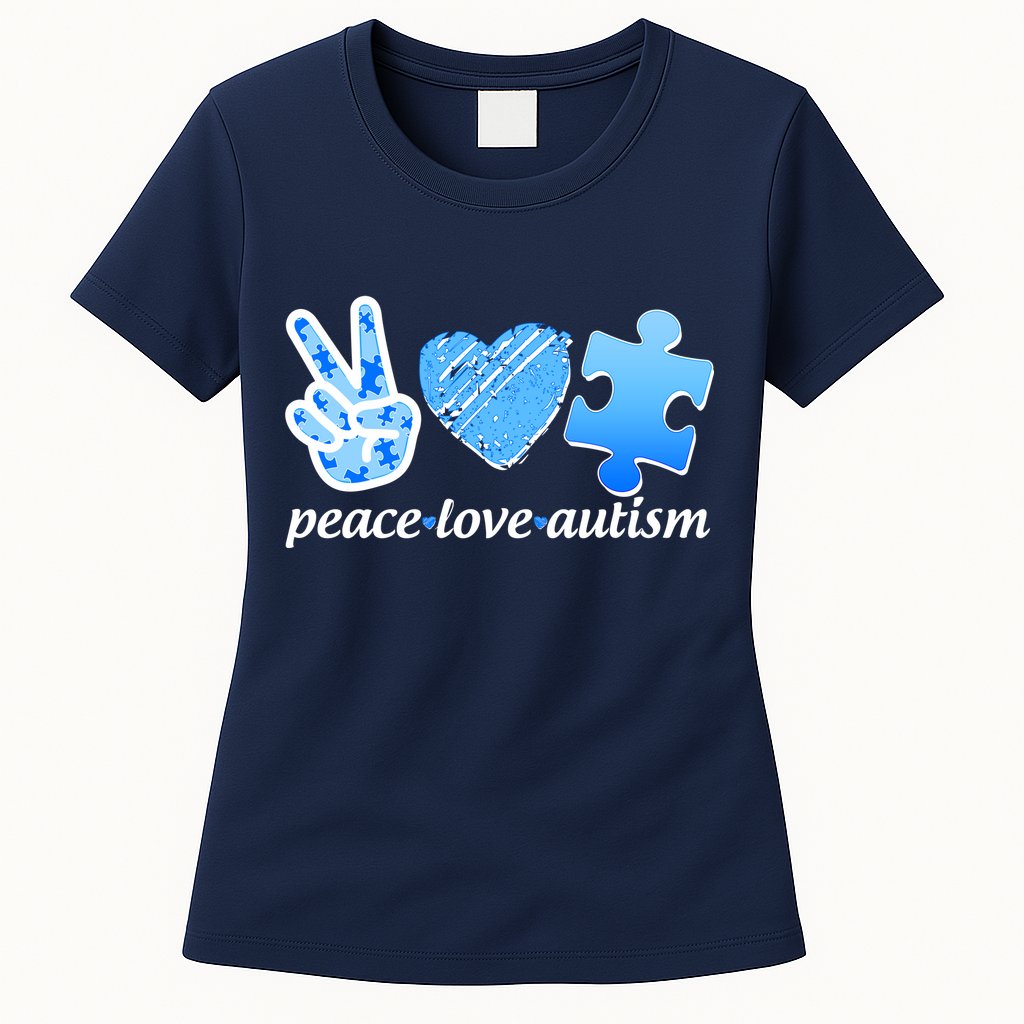 Blue Peace Love Autism  Womens T-Shirt
