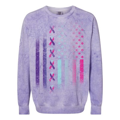 Blue Pink Teal Ribbon Flag Thyroid Cancer Awareness Colorblast Crewneck Sweatshirt